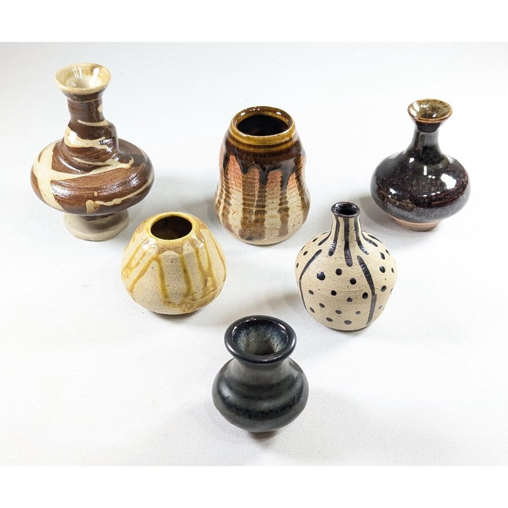 Set of 6 Handmade miniature ceramic art vases or bottles, wheel thrown pottery